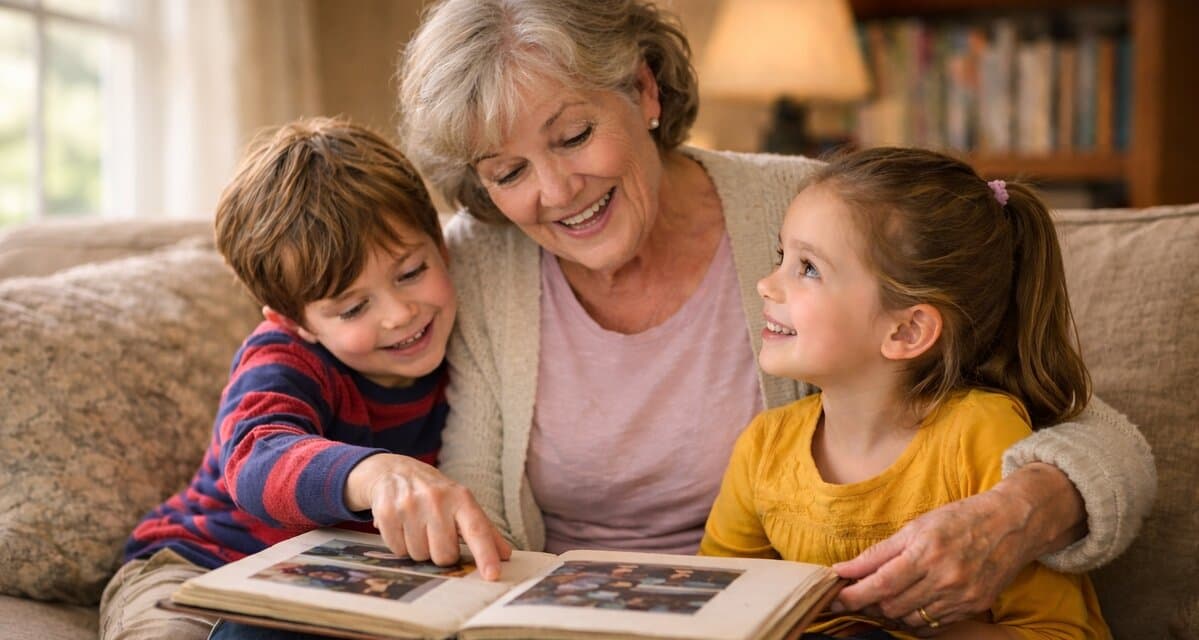 Grandmother sharing a photo album with her grandchildren